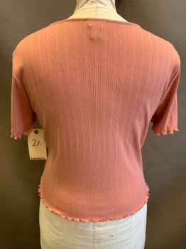 FOREVER 21, Dusty Pink, Polyester, Rayon, Solid, Rib Knit, Lettuce Edge Hem, Button Front, Short Sleeves, Scoop Neck