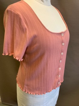FOREVER 21, Dusty Pink, Polyester, Rayon, Solid, Rib Knit, Lettuce Edge Hem, Button Front, Short Sleeves, Scoop Neck