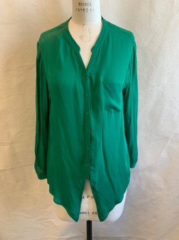 JOIE, Kelly Green, Silk, Solid, Collar Band, Button Front, Long Sleeves, 1 Breast Pocket