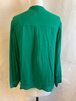 JOIE, Kelly Green, Silk, Solid, Collar Band, Button Front, Long Sleeves, 1 Breast Pocket