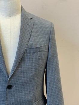 HUGO BOSS, Gray, White, Lt Blue, Wool, Grid , L/S, 2 Buttons, Single Breasted, Notched Lapel, 3 Pockets,