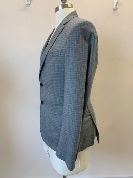 HUGO BOSS, Gray, White, Lt Blue, Wool, Grid , L/S, 2 Buttons, Single Breasted, Notched Lapel, 3 Pockets,