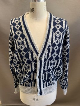 Mens, Sweater, UNIFORM CODE, Navy Blue, Gray, Multi-color, Acrylic, Abstract , Diamonds, Small, Cardigan, L/S, 3 Buttons.