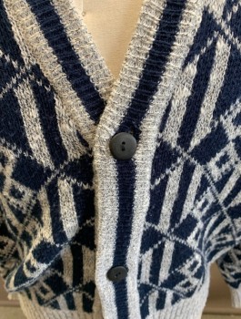 Mens, Sweater, UNIFORM CODE, Navy Blue, Gray, Multi-color, Acrylic, Abstract , Diamonds, Small, Cardigan, L/S, 3 Buttons.