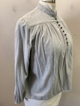 Womens, Blouse 1890s-1910s, N/L MTO, Gray, Cotton, Solid, B:46, Flannel, L/S, 8 Small Wood Buttons at Front, Band Collar,  Gathered Yoke Across Upper Chest, Made To Order, Lightly Worn/Pilled, Made To Order