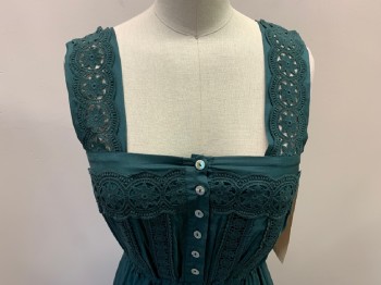 ALEMAIS, Dk Green, Silk, Cotton, Solid, Multi-tiered Skirt, Crochet Lace Inset Detail All Over And On Straps, Button Front Placket, Self Tie Waist