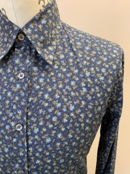 PAUL SMITH, Dk Blue, Multi-color, Cotton, Floral, L/S, Button Front, Pointed Collar, Tailored Fit
