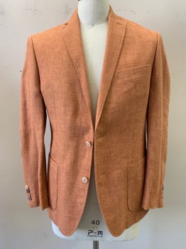 TALLIA/MACY'S, Orange, Tan Brown, Linen, Cotton, Herringbone, Single Breasted, 2 Buttons,  Notched Lapel, 3 Pockets 2 are Patch, Elbow Patch Applique