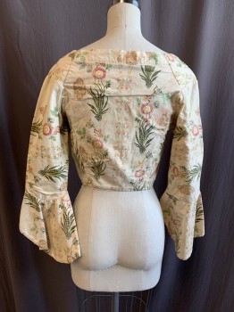 Womens, Historical Fiction Bodice, MTO, Cream, Salmon Pink, Lt Green, Yellow, Dk Green, Synthetic, Floral, W24, B32, Square Neck, L/S, No Buttons *Aged/Distressed*