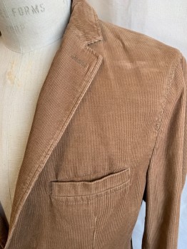 HUGO BOSS, Dk Khaki Brn, Cotton, Solid, Corduroy, Single Breasted, 2 Buttons, 4 Pockets, Notched Lapel, Double Vent, Leather Cording Trim, Regular Fit