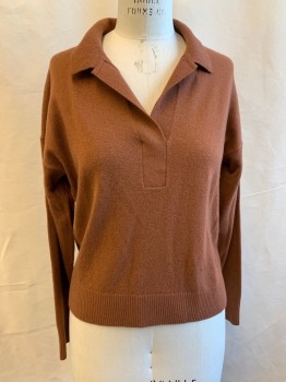 EVERLANE, Brown, Cashmere, Solid, Collar Attached, 1/2 Placket, Ribbed Cuffs and Waistband