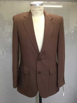 Mens, 1970s Vintage, Suit, Jacket, HAGGAR, Brown, Wool, Solid, 38R, Notched Lapel, Single Breasted, 2 Button Front, Long Sleeves, W/light Golden Brown Lining