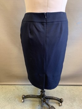 NINE WEST, Navy Blue, Polyester, Viscose, Solid, Pencil Skirt, 2" Wide Waistband, Invisible Zipper in Back