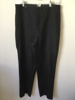 Mens, Pants 1890s-1910s, M.T.O., Charcoal Gray, Wool, I:Open, W:36, Button Fly, Adjustable Belt at Back Waist, 2 Slit Pockets. Suspender Buttons, Some Wear at Crotch