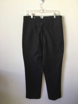 Mens, Pants 1890s-1910s, M.T.O., Charcoal Gray, Wool, I:Open, W:36, Button Fly, Adjustable Belt at Back Waist, 2 Slit Pockets. Suspender Buttons, Some Wear at Crotch