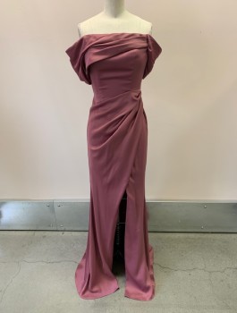 ASOS, Mauve Purple, Polyester, Solid, Satin Crepe, Zip Back, Invisible Zipper, Off The Shoulder, Pleated And Tucked Sleeve, Asymmetrical Drape, High Slit