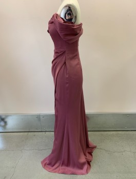 ASOS, Mauve Purple, Polyester, Solid, Satin Crepe, Zip Back, Invisible Zipper, Off The Shoulder, Pleated And Tucked Sleeve, Asymmetrical Drape, High Slit