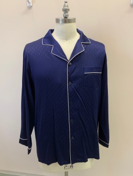 FREEDOM SILK, Dk Blue, Silk, Textured Fabric, Geometric, SHIRT, C.A., Notched Lapel, Button Front, 1 Pocket, White Pipe Trim