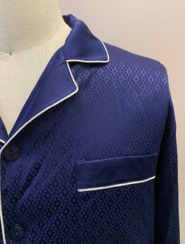 FREEDOM SILK, Dk Blue, Silk, Textured Fabric, Geometric, SHIRT, C.A., Notched Lapel, Button Front, 1 Pocket, White Pipe Trim
