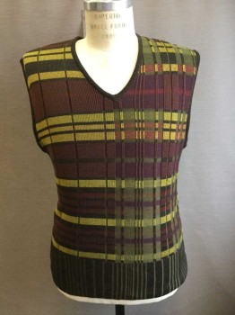 Mens, Vest, DKNY, Olive Green, Red Burgundy, Brown, Chartreuse Green, Wool, Silk, Stripes, Plaid, L, Texture Knit, V-neck, Pullover,