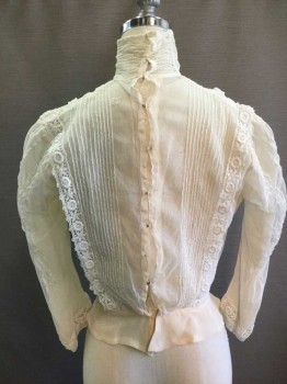 Womens, Blouse 1890s-1910s, NO LABEL, Off White, Silk, Lace, Floral, 24, 32, Mesh, Floral Lace, High Neck, Back Button and Clasp Closure, Some Staining On Mesh,