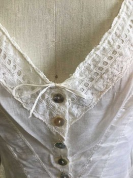 Womens, Camisole 1890s-1910s, N/L, Off White, Cotton, Solid, 30, 34, Sheer Cotton Cami, Mother Of Pearl Button Front, V-neck, Lace Trimmed, Peplum, Raw Hem, Lace Waist Detail