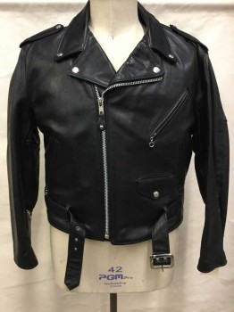 Mens, Leather Jacket, Perfecto, Black, Leather, Solid, 46, Motorcycle, Silver Hardware, Long Sleeves, Quilted Lining