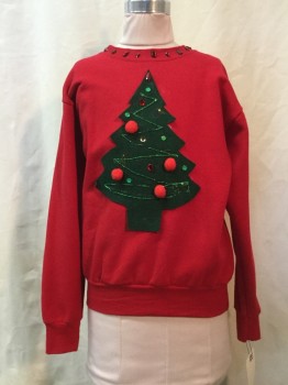 Childrens, Sweater, HANES, Red, Cotton, Polyester, Holiday, M, Red, Green Felt Christmas Tree with Pom Poms & Sequins, Rhinestone Decorated Crew Neck,