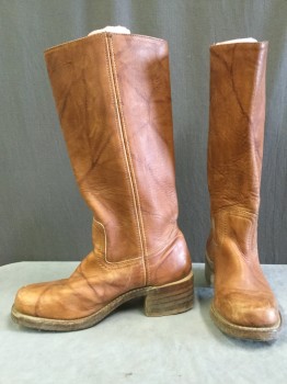 Womens, Cowboy Boots, FRYE, Brown, Leather, Mottled, 7, Square Toe, 2" Stack Heel, Inside Pull Straps, Plain Quarters