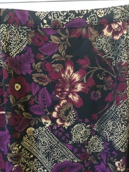 LAURA SCOTT, Black, Dk Red, Tan Brown, Orchid Purple, Brown, Polyester, Floral, Black with Large Orchid-pink, Dark Red, Tan, Brown Floral Print, 1" Waist Band with Elastic Waist Band Back,