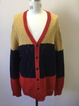 GUCCI, Mustard Yellow, Navy Blue, Red, Wool, Color Blocking, Geometric, Hexagon Textured/Patterned Knit, Colorblocked with Mustard Top Half, Navy Center, and Red Bottom with Red Trim at Button Placket, 6 Button Front, Long Sleeves