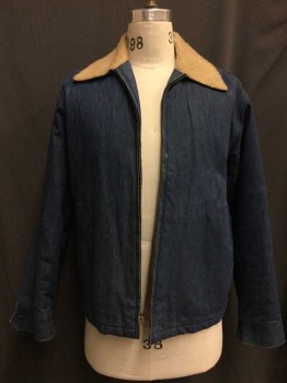 Mens, Jacket, Denim Blue, Tan Brown, Cotton, Synthetic, Solid, L, Blue Denim with Tan Fleece Lining, Collar Attached, Zip Front, 2 Pockets, 1950s