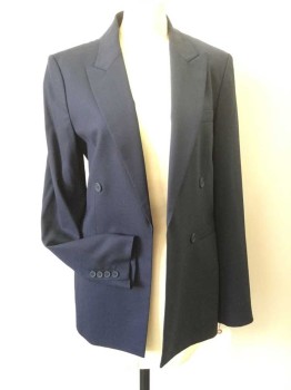 THEORY, Navy Blue, Wool, Solid, Double Breasted, Peaked Lapel, 3 Pockets, Partial Lining, Faux Buttons, No Closures,