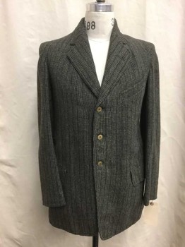 Mens, Jacket 1890s-1910s, NO LABEL, Gray, Black, Wool, Stripes, 36, 3 Button Closure, Single Breasted, 3 Front Pockets, Holes and Tears In Lining,
