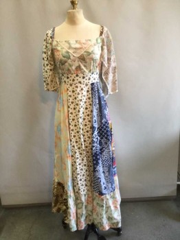 BEE MINE, Cream, Multi-color, Cotton, Patchwork, Long Patchwork Dress, Hem Maxi, Wide Square Neck, Cream Triangle Lace At Neck, Attached Self Tie Back, Zip Back, Ruffle Panel Hem, Lace Hems Open Panels On Shoulder Straps