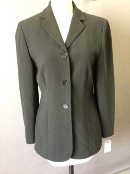 ANN TAYLOR, Dk Olive Grn, Rayon, Polyester, Solid, Long, 3 Buttons, Notched Lapel, Crepe Fabric