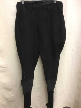 Mens, Jodhpurs/Equestrian Pants, N/L, Black, Wool, Polyester, Solid, W: 32, Ribbed Gabardine, Fall Front, 4 Pockets, Attached Gaiter & Elastic Stirrup Legs, Made To Order