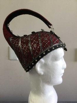 Unisex, Sci-Fi/Fantasy Headpiece, Dk Red, Silver, Black, Gold, Silk, Plastic, Geometric, Unique, Fantastical, Regal, Pleated Silk, Velvet and Puff Paint As Well As Pearls, Buttons and Crystals