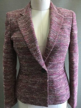 ANNE KLEIN, Hot Pink, White, Black, Peach Orange, Polyester, Acrylic, Stripes - Horizontal , Single Breasted, 1 Button, Notched Lapel, 2 Pockets,