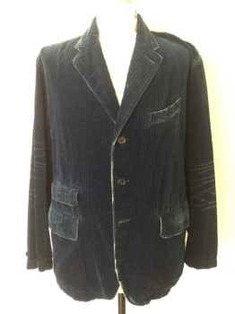 RALPH LAUREN, Navy Blue, Cotton, Stripes - Vertical , Single Breasted, 3 Buttons, Notched Lapel, 3 Pockets, Wide Wale Corduroy, Bleached Whiskers at Elbows, Aged/Distressed,