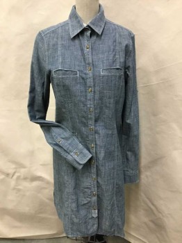 BROOKS BROTHERS, Blue, Gray, Cotton, Heathered, Light Heather Blue/gray Chambray W/white Top-stitches, Collar Attached, 2 Slit Pockets, Button Front, Curvy Side Hem, Long Sleeves,