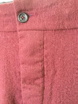 N/L, Red Burgundy, Wool, Solid, Flat Front, Button Fly, Suspender Buttons On Outside Waistband, 2 Front Pockets, Belted Back, Made To Order