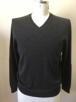 BROOKS BROTHERS, Charcoal Gray, Wool, Solid, Ribbed Knit V-neck/Cuff/Waistband
