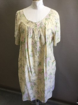 Womens, Housedress, N/L, Lt Yellow, Lt Gray, White, Lt Pink, Pink, Cotton, Floral, B48, Light Yellow with Pastel Flower Pattern, Short Sleeves, Scoop Neck with Self 2" Edging, Snap Front, Raglan Sleeves, 2" Self Edging at Cuffs, 2 Patch Pockets at Hips, Knee Length