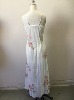 Womens, Negligee, FLORA NIKROOZ, White, Pink, Green, Blue, Polyester, Floral, XS, Double Layered Gathered Surplice Top, Adjustable Spaghetti Straps, Elastic Waist, Self Florette, Floor Length Hem