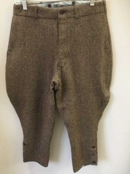 Mens, Pants, AYERS, Brown, Beige, Wool, Herringbone, W:30, Button Fly, Belt Loops, 2 Side Pockets, 1 Back Pocket, 3 Button Leg Opening, **Has Some Mends at Left Hip