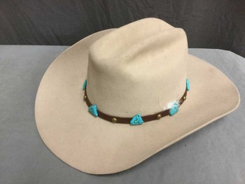 STETSON, Beige, Brown, Turquoise Blue, Wool, Leather, Solid, Felt, 1/2" Brown Leather Band with Gold Studs and Turquoise Leopard Head Beads with Gold Painted Faces **Had Feathers at One Point, But are Missing Now, Only Some Fluff Remains