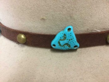 STETSON, Beige, Brown, Turquoise Blue, Wool, Leather, Solid, Felt, 1/2" Brown Leather Band with Gold Studs and Turquoise Leopard Head Beads with Gold Painted Faces **Had Feathers at One Point, But are Missing Now, Only Some Fluff Remains
