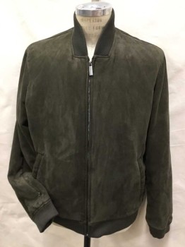 PERRY ELLIS, Olive Green, Leather, Solid, Olive Puffy Suede, Olive Ribbed Knit Collar Attached, Long Sleeves Cuffs, & Hem, Zip Front, 2 Slant Pockets