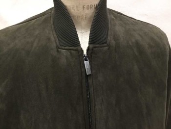PERRY ELLIS, Olive Green, Leather, Solid, Olive Puffy Suede, Olive Ribbed Knit Collar Attached, Long Sleeves Cuffs, & Hem, Zip Front, 2 Slant Pockets
